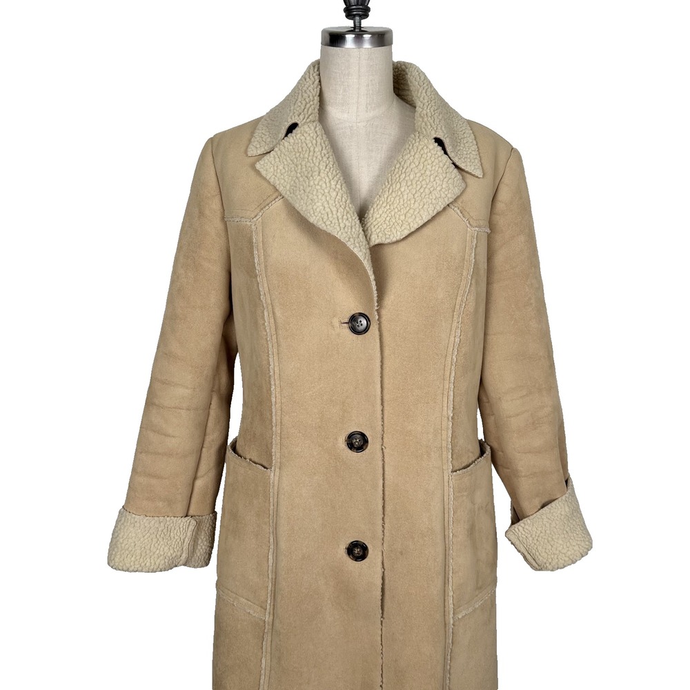 Vintage Faux Shearling Sherpa Lined Coat Womens M Beige Tan Lined Winter Jacket - Picture 5 of 12